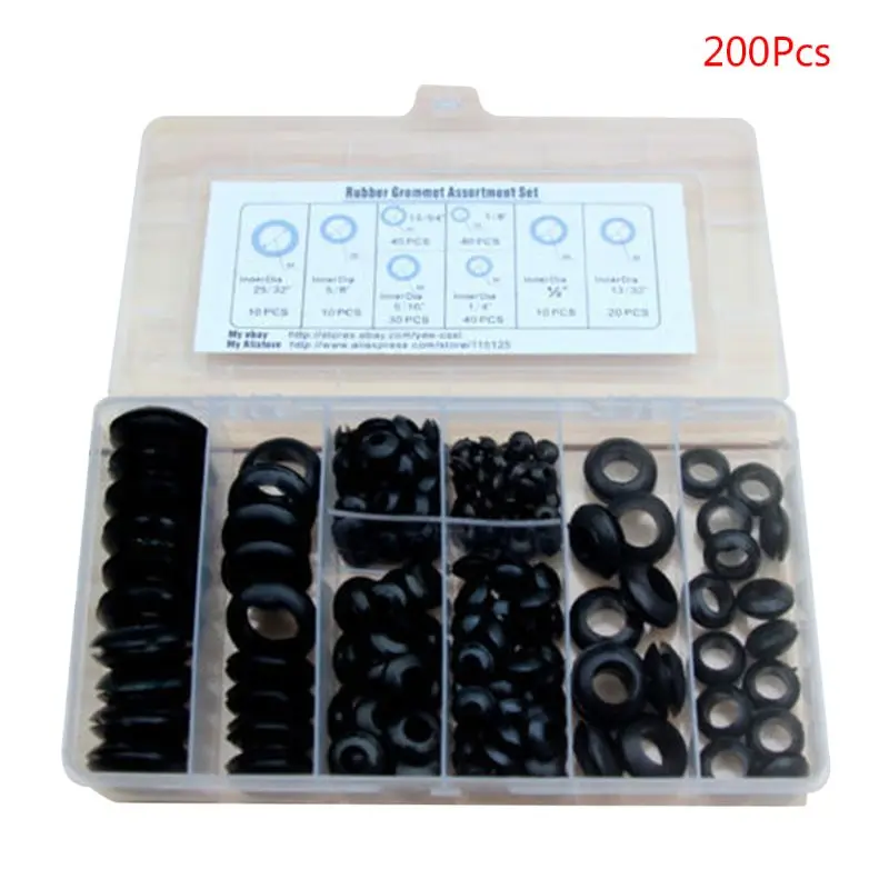 200Pcs/box Soft Rubber Grommet Gasket Kits for Wire Cable Black Assortment Set Electrical Wire Gasket Tools