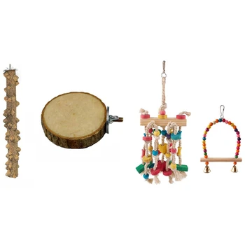 

4 Pcs Accessories: 2 Pcs Colorful Parrot Toys & 2 Pcs Round Wooden Platform Bird Chewing Toys Cage Accessories