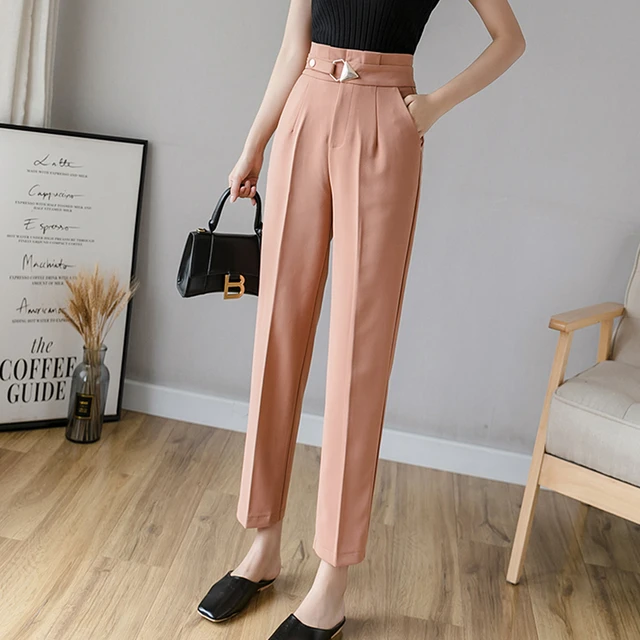 korean Formal Pants Women High Waist Pockets office lady Pants with fake  belt plus size trousers women pantalon mujer _ - AliExpress Mobile