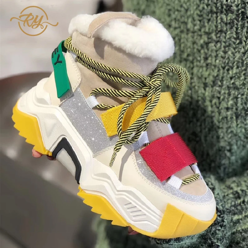 Beste RY RELAA vrouwen sneakers 2018 mode Echt Leer winter Plus fluwelen ins stijl platform casual schoenen vrouwen hoge top sneakers