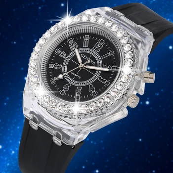 

Men Women Quartz Watch Creative LED Colorful flash Design Watches Silicone Band Luxury Diamonds Clock Wristwatch Unisex Gifts