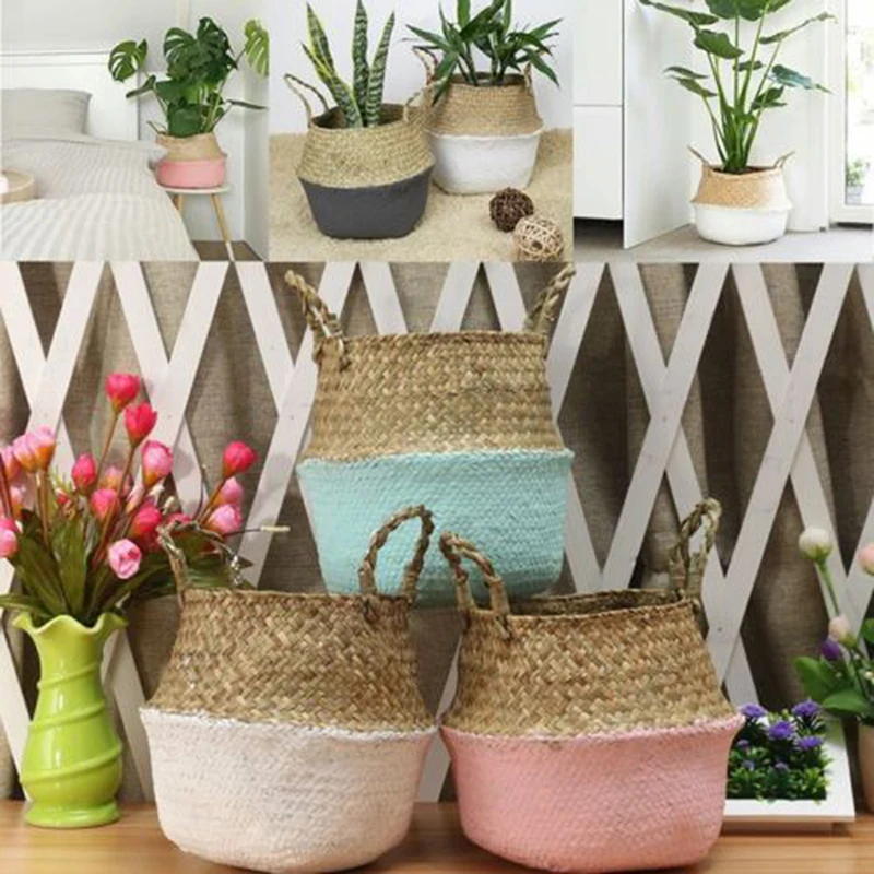 

Mini Bamboo Storage Baskets Foldable Laundry Straw Patchwork Wicker Rattan Seagrass Belly Flower Pot Planter Handmade Basket