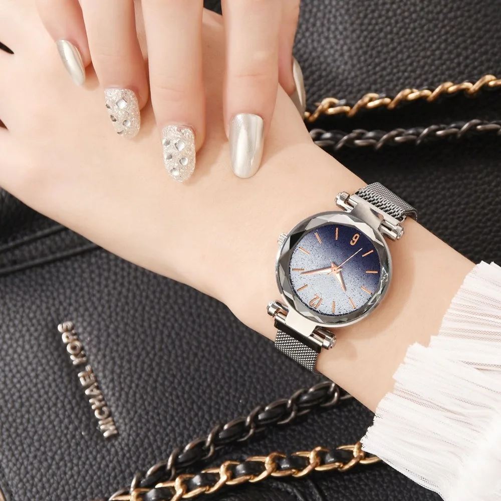 Роскошные Звездное небо браслет из нержавеющей стали часы для женщин Кристалл Аналоговые кварцевые наручные часы Дамская мода платье часы
