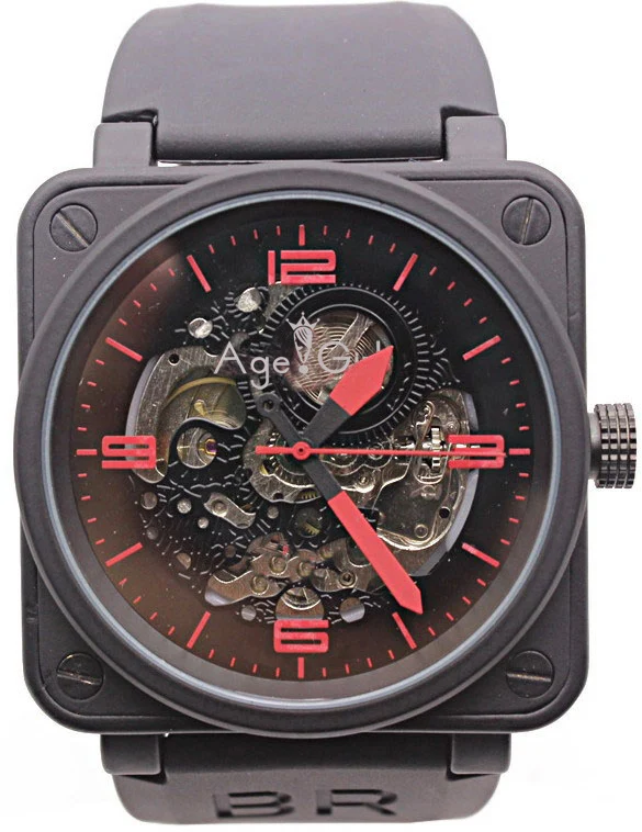 

Luxury New Mens Stainless Steel Black Rubber Bell PVD BR Automatic Mechanical Self-wind Watches Skeleton Pierced Hollow Blue Red