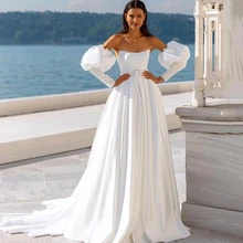 

HAMMAH 2022 Modest Strapless Satin Puff Sleeve Boho Princess Backless Floor Length A-line Wedding Dress Formal Occasion Hot Sale