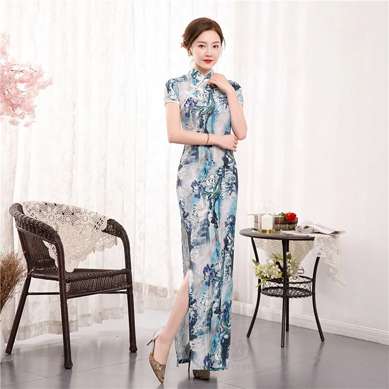 2021 Summer Long Cheongsam Sexy Thin Dress Floral Slim Vintage Plaid Dresses Qipao S To 6XL Green Blue