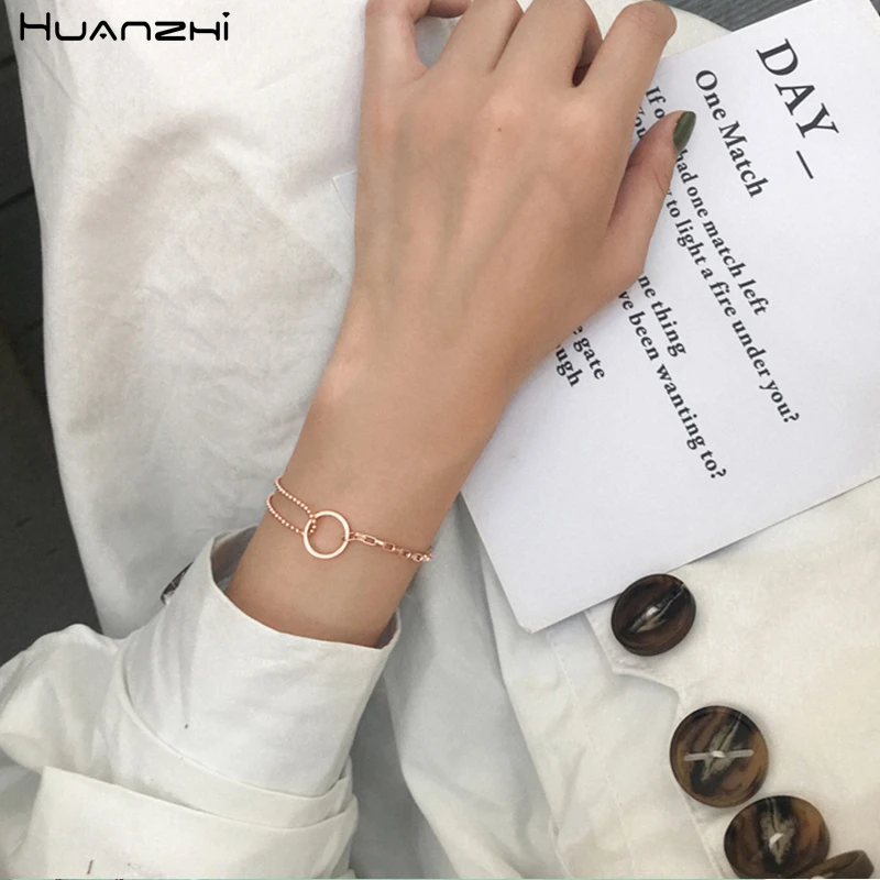 

HUANZHI 2019 Korean New Geometric Circle Asymmetry Chain Rose Gold Metal Simple Bracelet for Women Girls Party Accessories Gifts