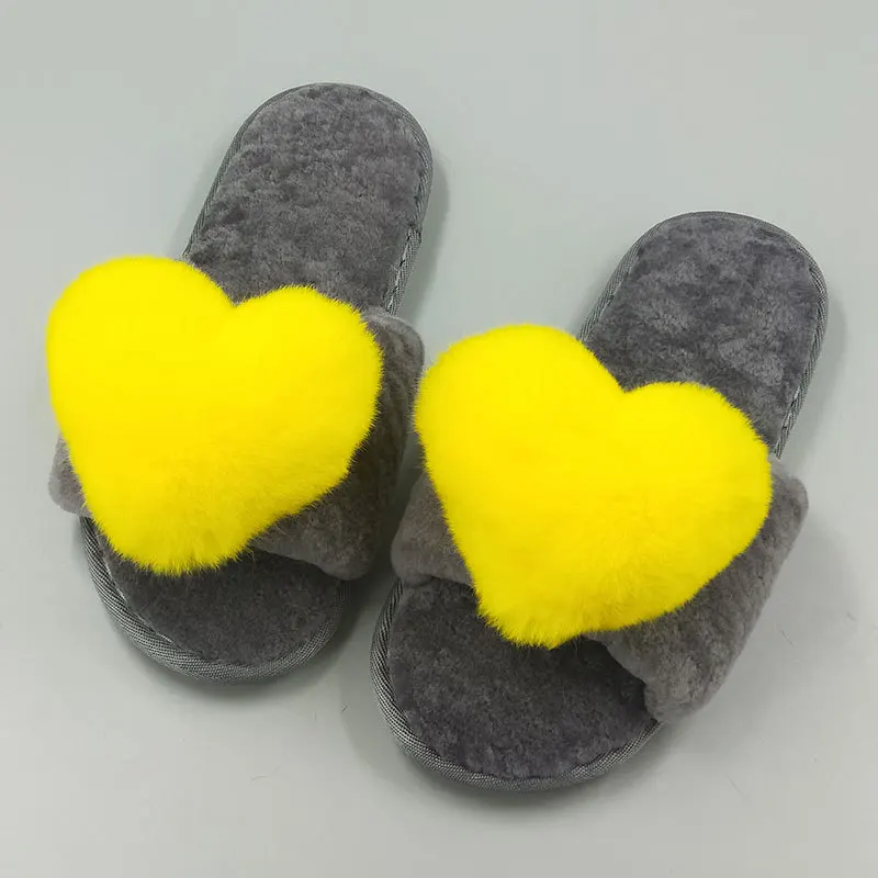 

New Style Sheep Shearing Fur Home Cotton-padded Shoes Anti-slip Thick Warm Winter Soft-Sole Rex Rabbit Fur Heart Shape Slipper