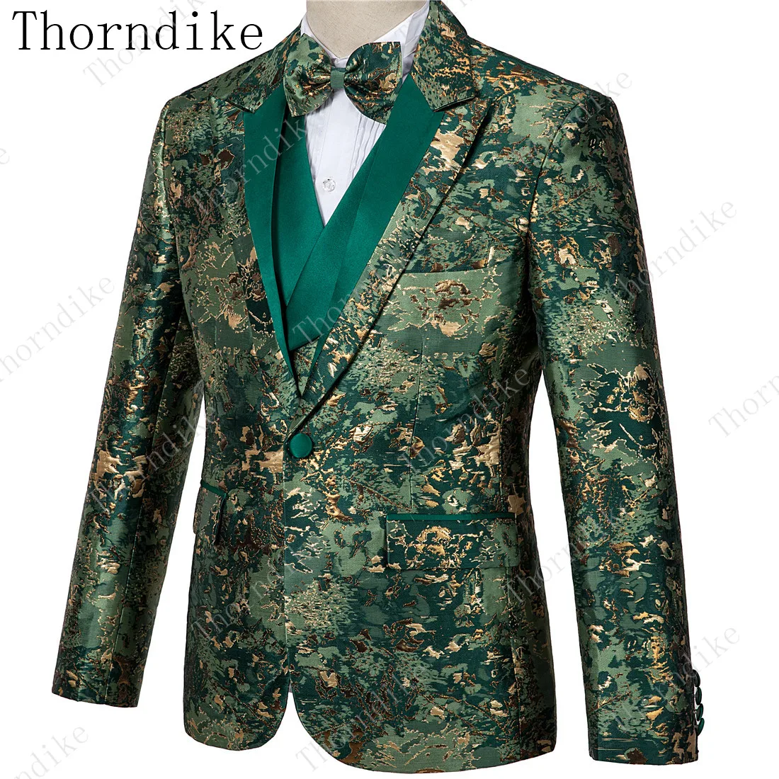 Man Fashion Green Jacquard Party Blazer Pants Vest Suits Casual Slim Blazer Coat Suit