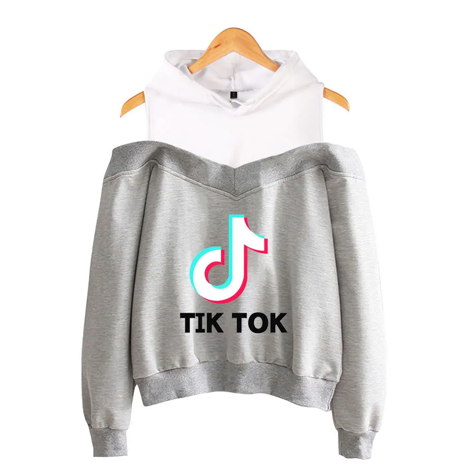 

2019 New Style Factory Direct Tik Tok Trill Loose And Plus-sized off-Shoulder Hooded Mock Two-Piece Hoodie Women's Clothing