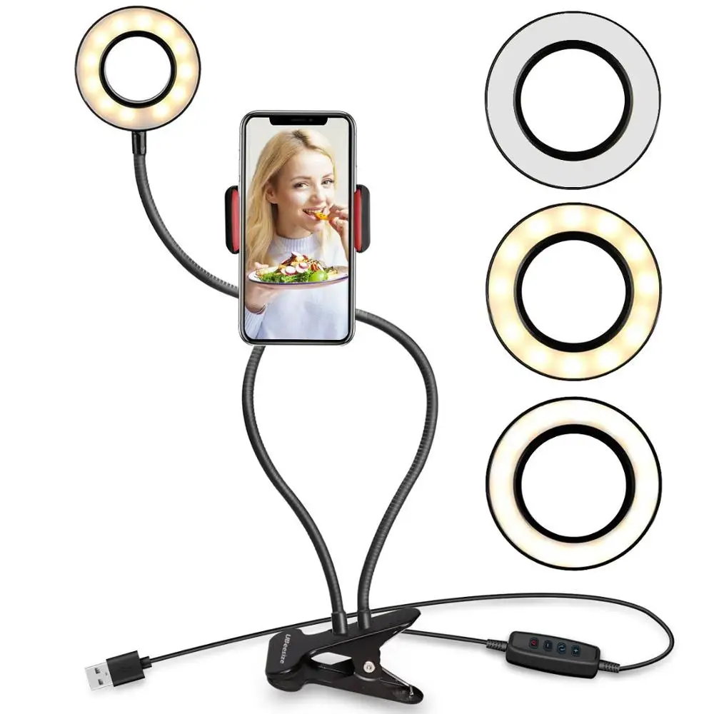 

Selfie Ring Light with Cell Phone Holder Stand for Live Stream/Makeup, LED Camera Lighting [3-Light Mode] [10-Level Brightness]