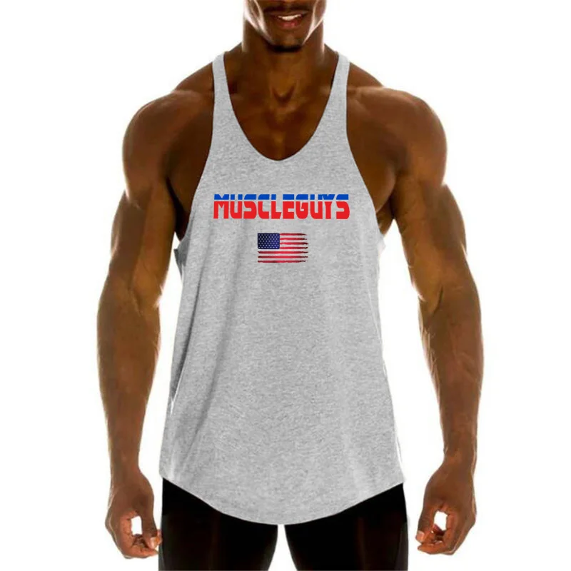 Серый Brand Vest Muscle Fashion Sleeveless Stringer Gym Mens Back Tank Top Clothing Bodybuilding Singlets Fitness Workout Sports Shirt - Цвет: Серый