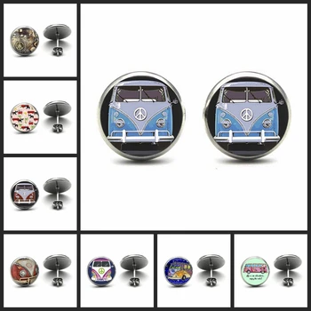 

Vintage Hippie Peace Sign Van Bus Stud Earrings Fashion Men Women Purse Bag Car Pendant Earring Holder Jewelry Happy Camping