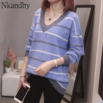 

Plus Size Soft Knit Pullovers sweaters Women Autumn Winter Fashion V-neck Fluffy Loose Hole Knitwear top Oversize Female Jumpers