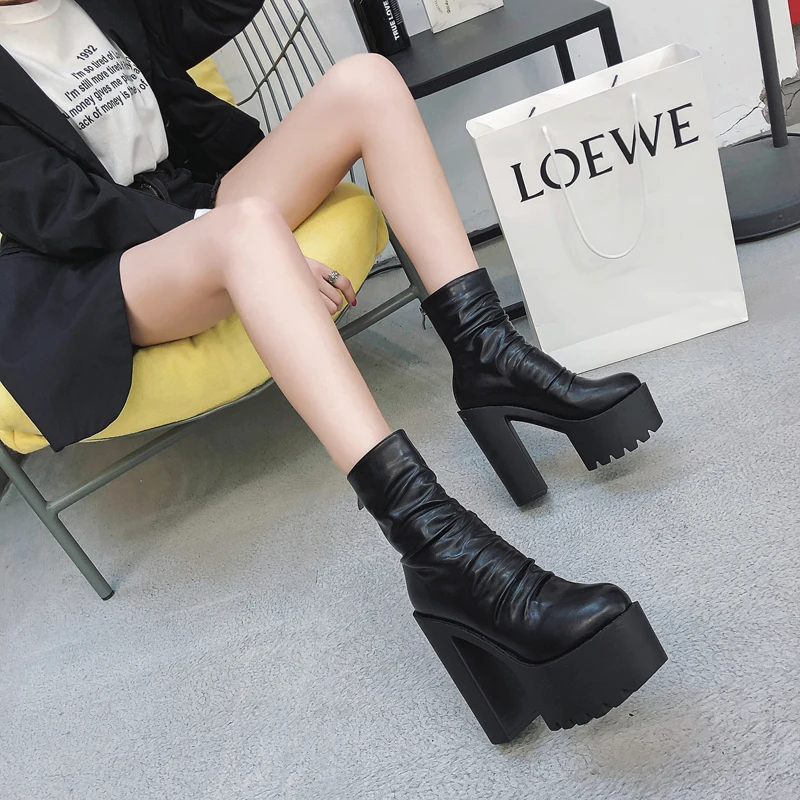 

Fall Boots Thick High-heeled Woman Shoes Punk Back Zip Platform Boots White High Heels Boots Women Ankle Boots 14cm Heel Shoes