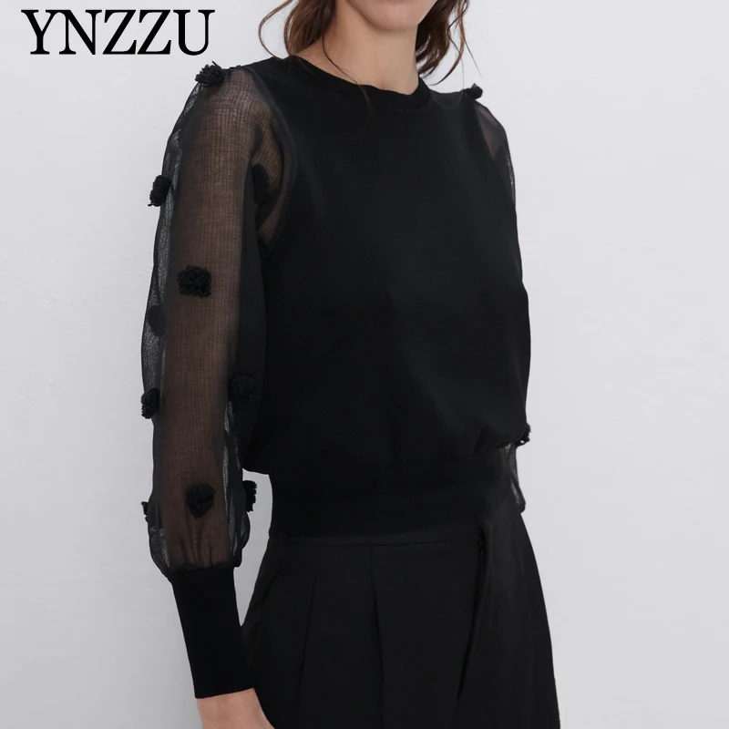 

Black Semi-sheer Sleeve Women sweater 2019 Autumn O-neck Jacquard Knitted pullover tops Long sleeve sexy chic jumper YNZZU YT692