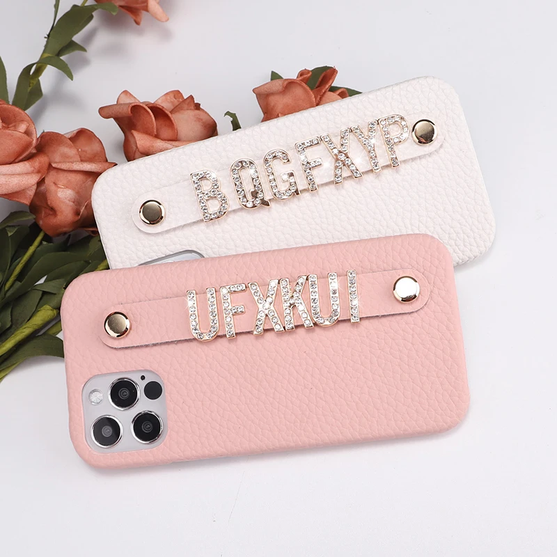 Luxury Custom Initial Name Pebble Leather Phone Case For iPhone 11 12 13 Pro Mini Max XR XS 7 8Plus Diamond Metal Letters Cover Luxury Custom Initial Name Pebble Leather Phone Case For iPhone 11 12 13 Pro Mini Max XR XS 7 8Plus Diamond Metal Letters Cover