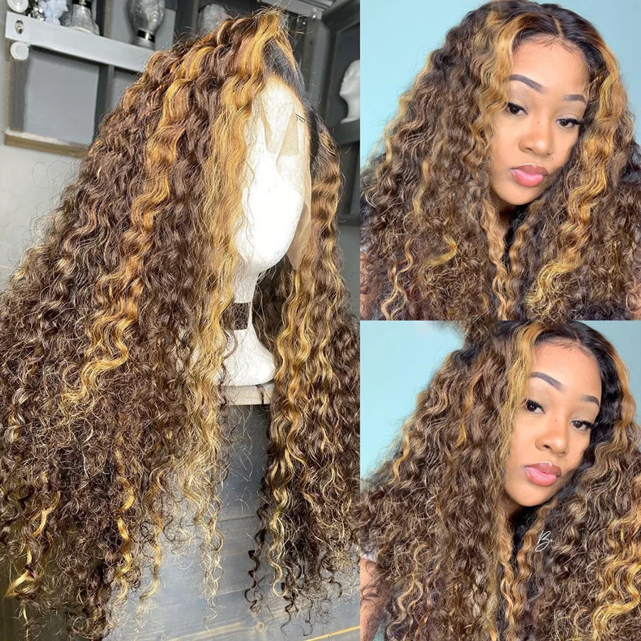 Wig Hair-Wigs Highlight Human-Hair T-Part Curly Ombre Blonde Lace-Front Pre-Plucked Brazilian