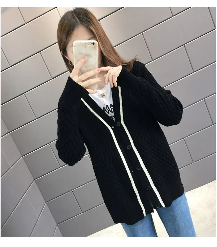 Осень, женский кардиган, свитер, Повседневный, вязаный, v-образный вырез, однотонный, Свободный Трикотаж, однобортная верхняя одежда, длинный рукав, шаль, куртка, пальто