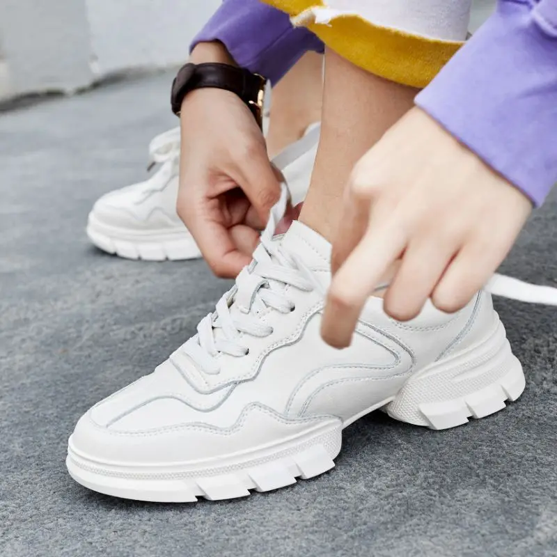 Taoffen Women Fahion Genuine Leather White Sneakers Shoes Woman Round Toe Vulcanized Shoes Casual Women Footwear Size 35-39