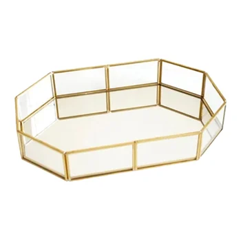 

Jewelry Glass Tray Golden Edge Makeup Storage Box Container Geometry Jewelry Display Box (Golden)