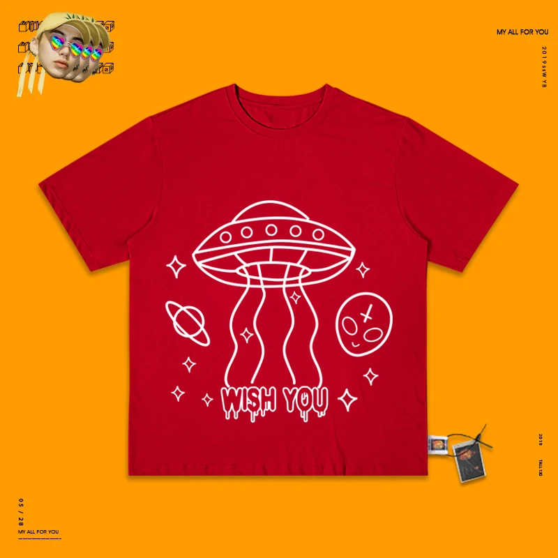 Alien Пятая область НЛО чай карамельный цвет ручной каракули уличное для скейта футболка для мужчин и женщин Fund - Цвет: red