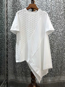 

2020 Spring and Summer New Women's round Neck Circle Stitching Hollow Irregular Hem Short Sleeve Midi Shirt 407