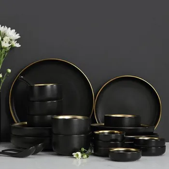 

Tableware Black Ceramic Dinner Set Gold Inlay Porcelain Dessert Plate Steak Snack Cake Plate Salad Soup Rice Bowl Wholesale