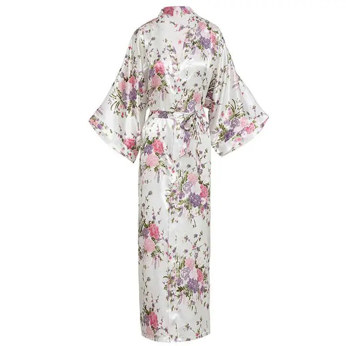 Футболка с коротким рукавом длинное китайское женское кимоно платье неглиже принт цветок Новинка ночная рубашка халат v-образный вырез ночное белье халат - Цвет: White B
