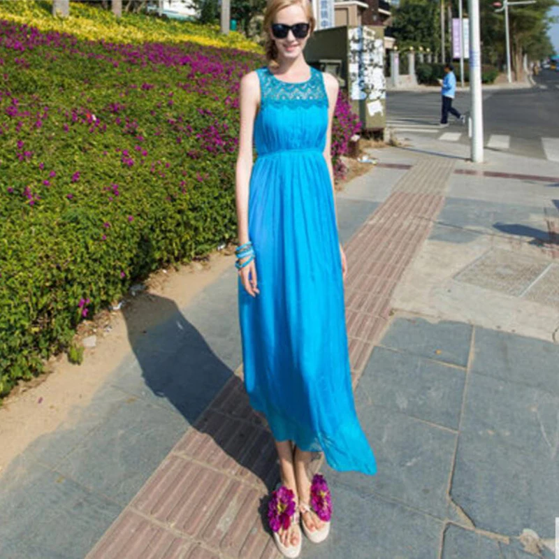 New Real 100%Silk Dress Women Natural Silk High Quality Elegent Holiday Beach Long dress White Free Shipping
