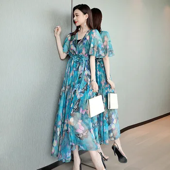

Beach Holiday Long Dress Women's Summer New Slim Floral Dress Waist Popular V-neck Chiffon Printed Dress