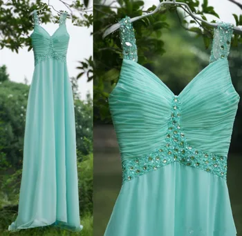 

Cheap Mint Green Chiffon A Line Spaghetti v Neck Pleated Crystals Beading Floor Length prom dresses 2019 Party gown Prom dress