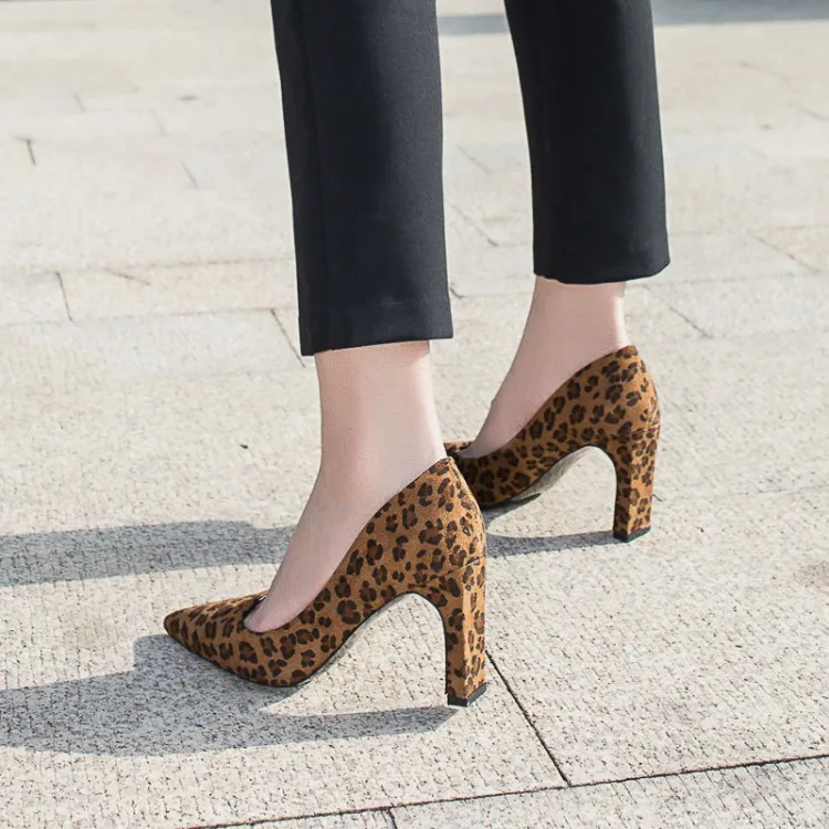 

41-43 Large Size Europe And America Spring New Style High Heel Shoes Thin Heeled Pointed Shoes Leopord Pattern WOMEN'S Shoes Wor