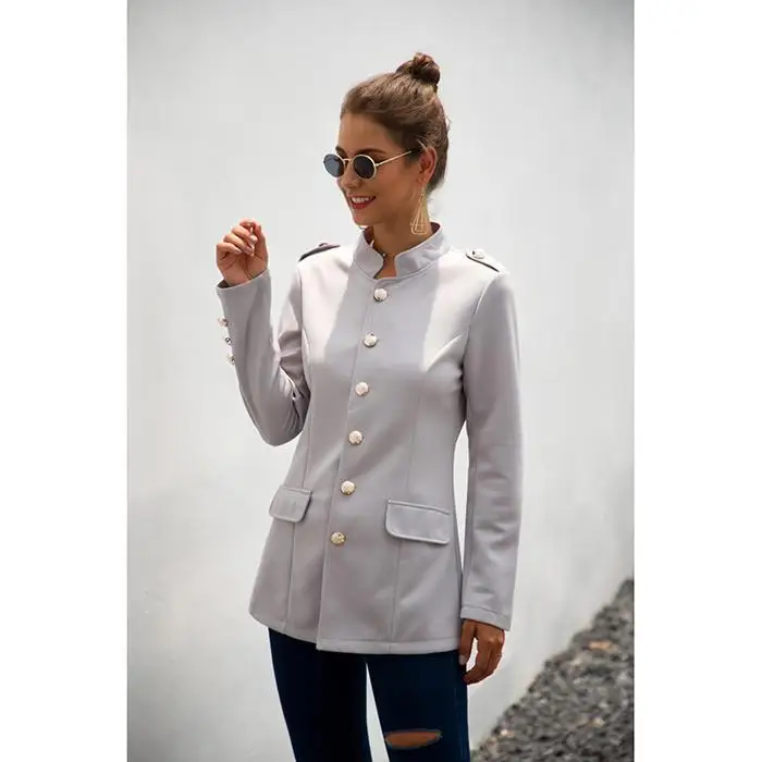 Женская мода Slim Fit одна грудь Кнопка стенд Повседневный воротник карманы повседневный костюм пиджак однотонный осенний