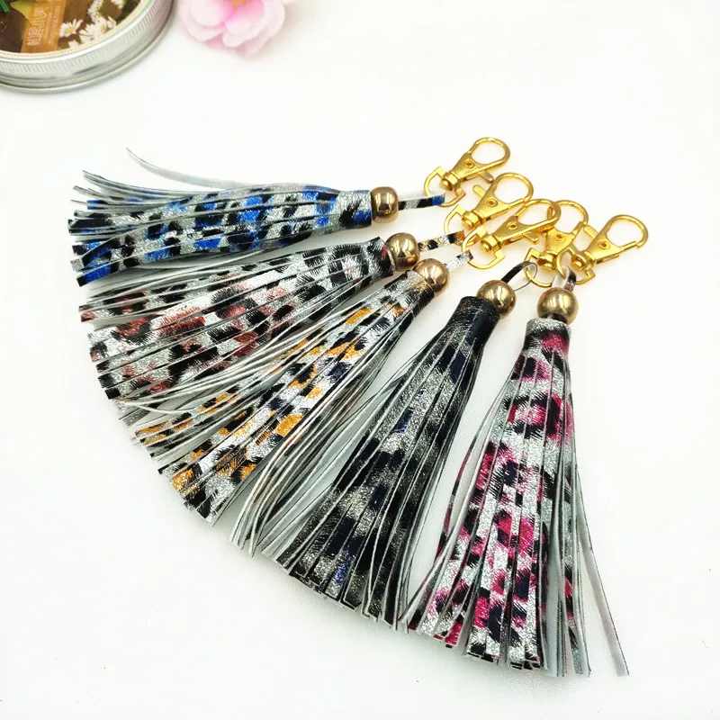 

15cm Big Leopard key Chain Reflective Fringe PU Leather Tassel Key Holder Metal Key Chain Keyring Charm Bag Auto Car Key Ring