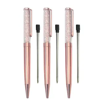 

3 pcs/lote Subiu Caneta de Ouro Bling Diamante Canetas Finas de Casamento Anel de Cristal Caneta Esferografica de Tinta Preta Ro