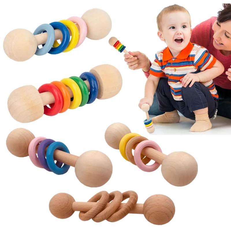 Stroller Toy Teether-Toys Wooden Rattle Teething-Ring Play Montessori-Style Organic Baby