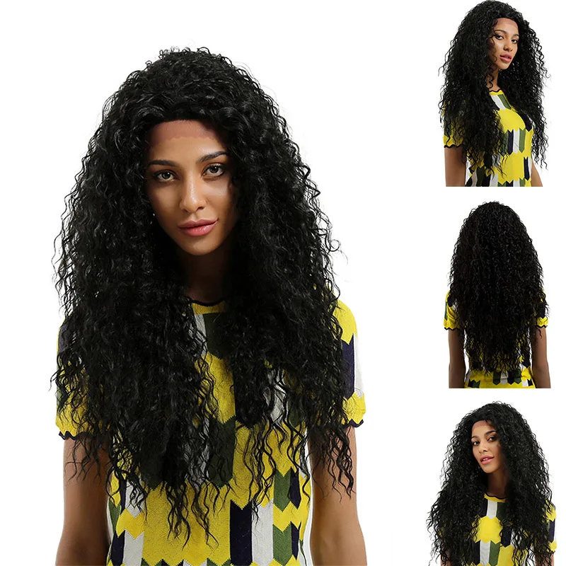 

2019 Women Long Curly Wig Lace Front Heat Resistant Fiber Black Small Roll Curls Hair Full Wig