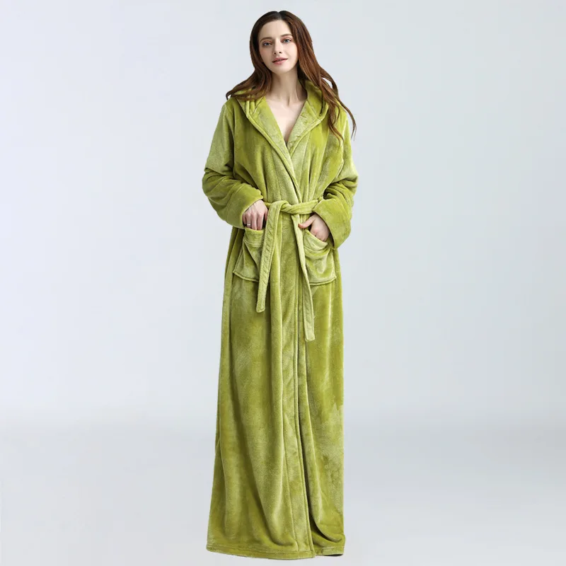 Фабричный бренд, женский зимний очень длинный теплый халат, халат, Женский мягкий фланелевый пеньюар, неглиже, большой размер, домашний халат с капюшоном - Цвет: Green