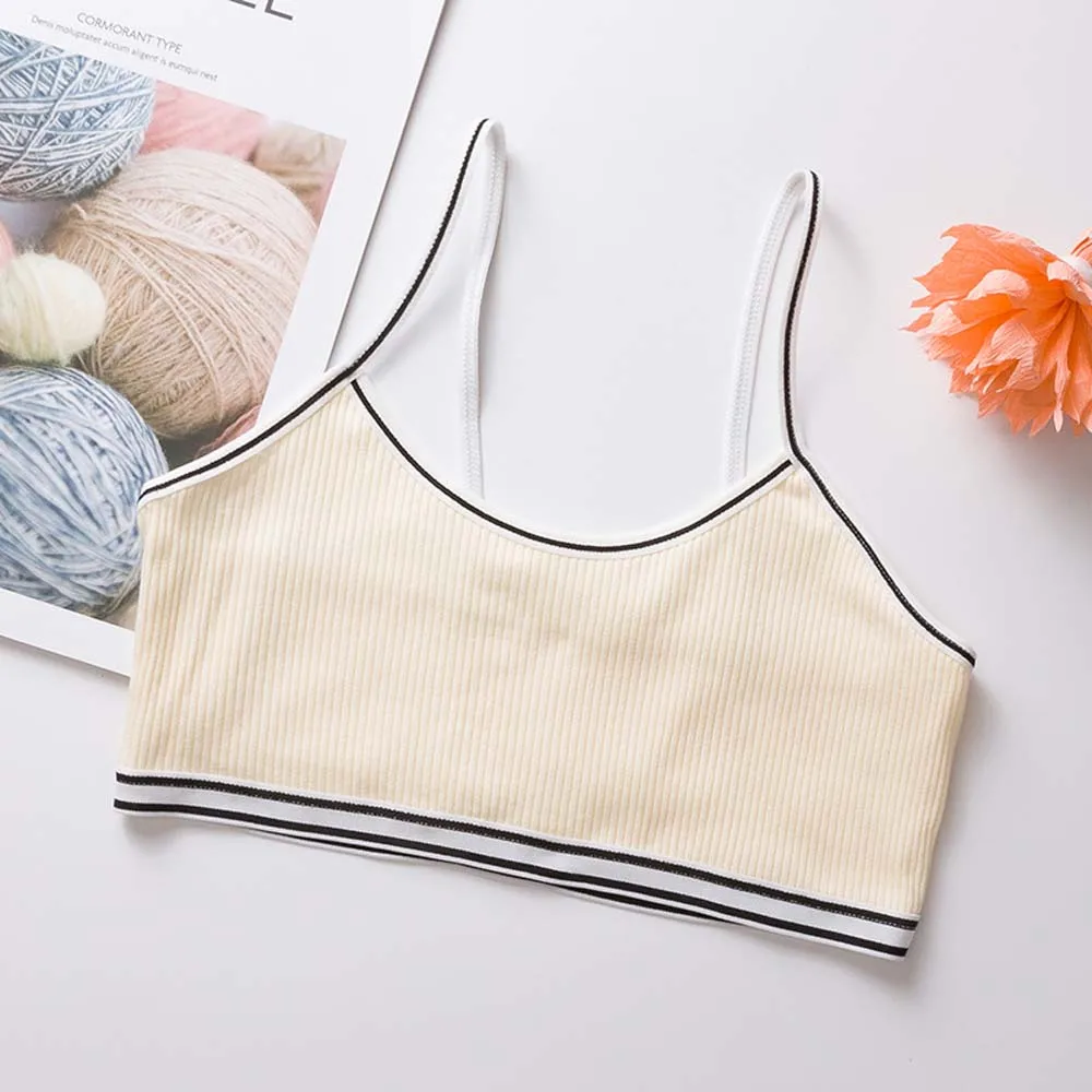 1PC Teenage Puberty Girl Sweet Candy Color Bra Underwear Striped Patchwork Thread Ribbed Wireless Bralette Vest - Цвет: Beige