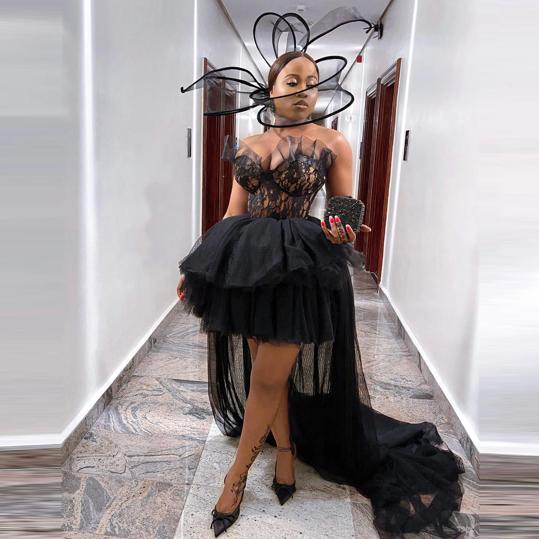 

Sexy Black Little Prom Dresses Strapless Hi Low Aso Ebi Lace Evening Gowns For Party Strapless See Thru With Train Africa