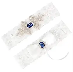 Свадебная подвязка, набор, синяя лента с кристаллами стразами, бант, Белый Кружевной Комплект подвязок