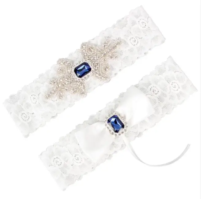 

Wedding Bridal Garter Set Somthing Blue Crystal Rhinestone Ribbon Bow White Lace Toss Garter Set