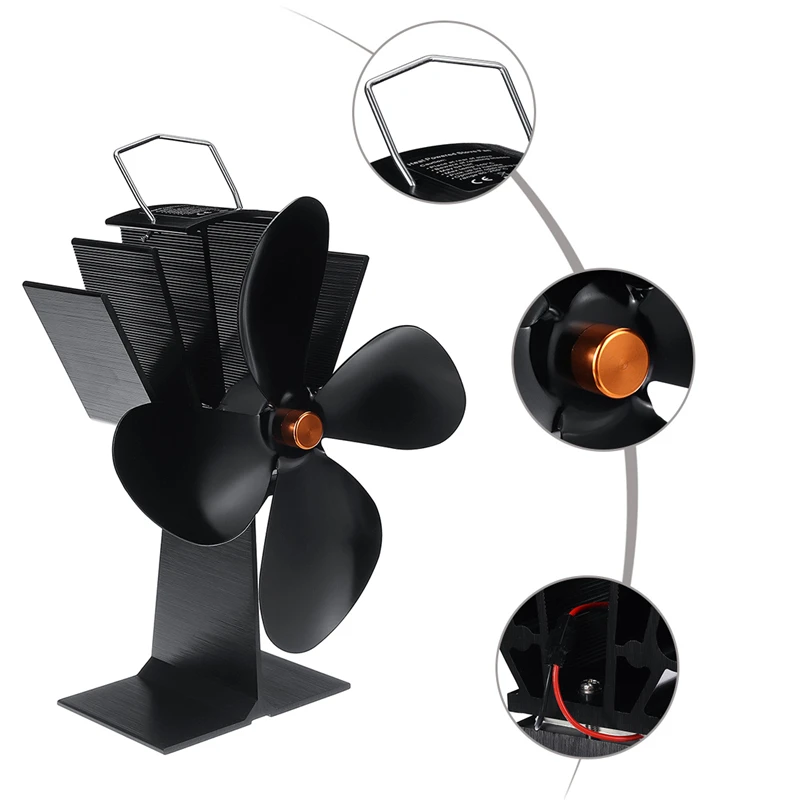 4 Blade Heat Powered Stove Fan Black Fireplace Burner Eco Friendly Quiet Fan Home Fireplace Fan Efficient Heat Distribution