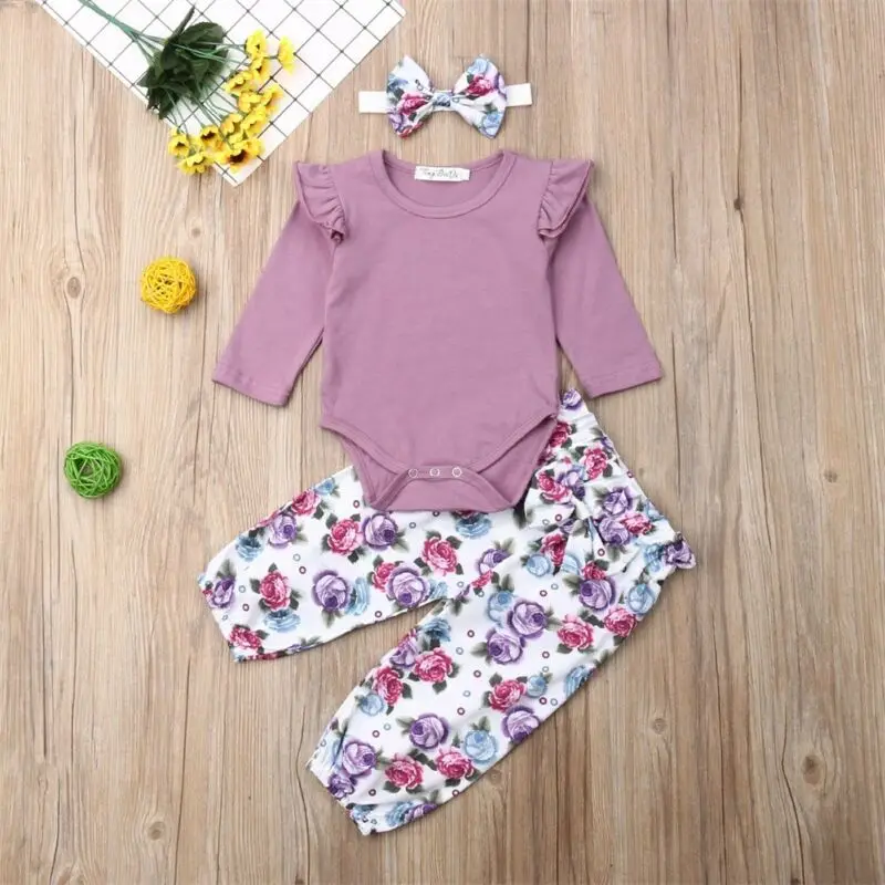 Emmababy, 3 предмета, Одежда для новорожденных девочек, Осенний однотонный комбинезон с длинными рукавами, топы, штаны с цветочным принтом
