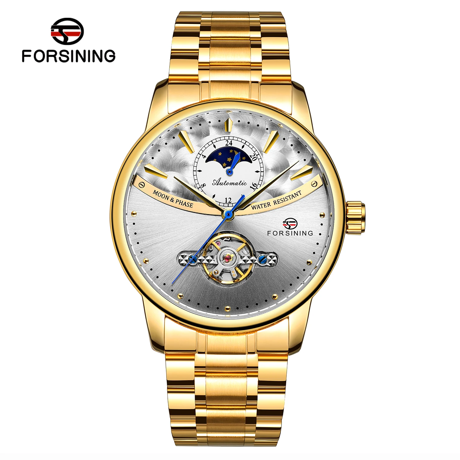 FORSINING Белое золото Tourbillion дизайн полный корпус из нержавеющей стали Moon Phase Мужские автоматические механические часы лучший бренд класса люкс