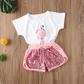 

Summer 2020 Girls Breathable Outfit Casual Flamingo Pattern Plush Ball Short Sleeve Top Shirt Sequins Clothes Trousers Set