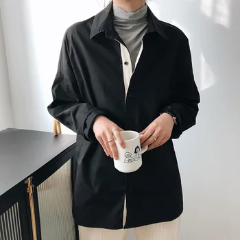 

Fashion Black Spliced Long Sleeve Blouses Women 2020 Spring Autumn Vintage Casual Turn-Down Collar Button Loose Lady Shirt Tops