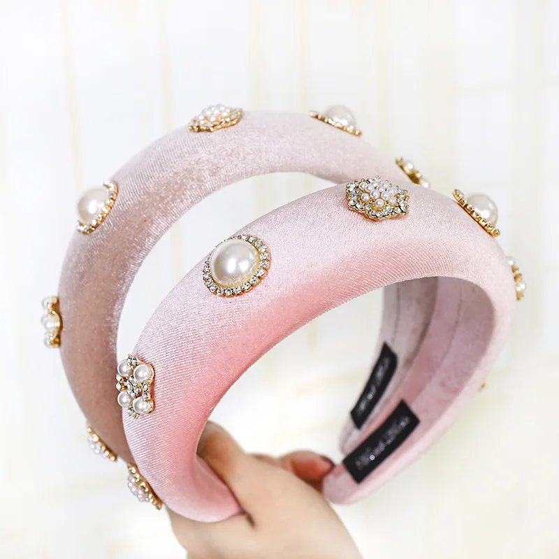 Бархатной ткани с украшением из бусин Стразы мягкий ободки для волос женщин