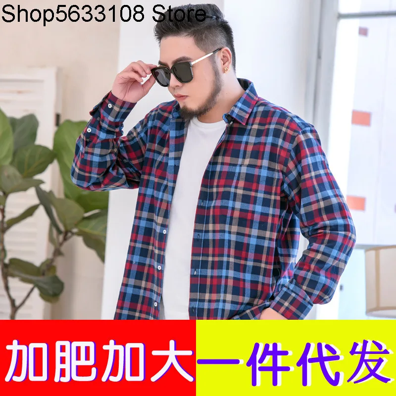 

Autumn Style plus size Thicken Sanding All Cotton Grid Shirt Men Plus Fat plus size Fat Man Fat Pure Cotton Shirt